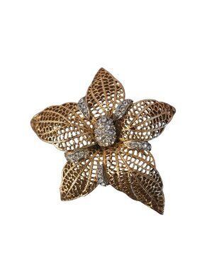 ART Gold-Tone Filigree Floral Brooch With Rhinestone Accents
